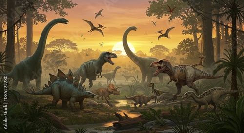 Dinosaur Group in Prehistoric Scene