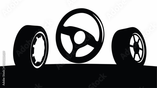 Silhouette illustration showing two car tires and a steering wheel on a dark surface in black and white | editable eps vectors