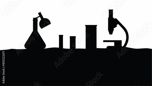 Silhouette of a laboratory setup with flask, test tubes, and microscope on a dark surface against white | editable eps vectors