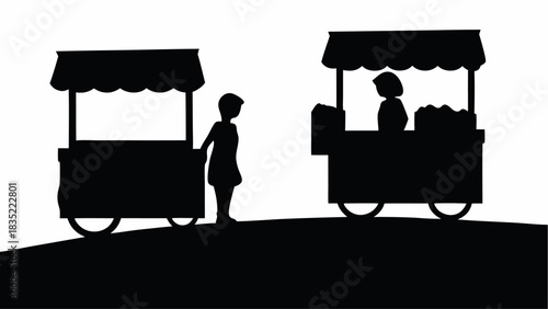Silhouette of a person standing near a food cart with another cart and vendor in the background seen outdoors | editable eps vectors