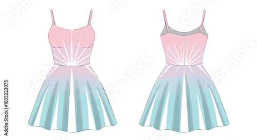 Elegant sundress fashion illustration with pastel gradient and sunburst details showing front and back views in a clean design style