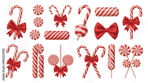  Red and white striped candy canes, peppermint swirls, and wrapped hard candies, perfect for christmas sweets illustrations,