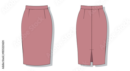Detailed garment representation of a classic pencil skirt design showcasing technical elements and style lines
