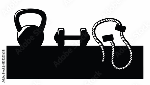 Silhouette of kettlebell dumbbell and jump rope for fitness and exercise equipment on a black surface | editable eps vectors