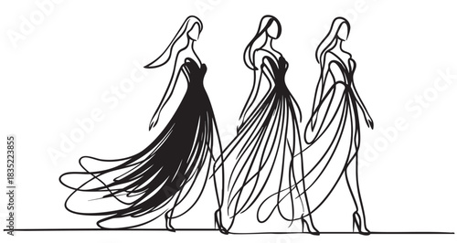Beautiful woman in long black dress vector set drawn in line sketch style for fashion greeting card design, poster, print, invitation.
