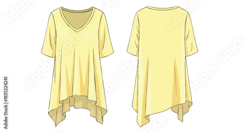 Illustration showcasing a vibrant yellow tunic top with a v-neck, featuring both front and back views on a clean white backdrop