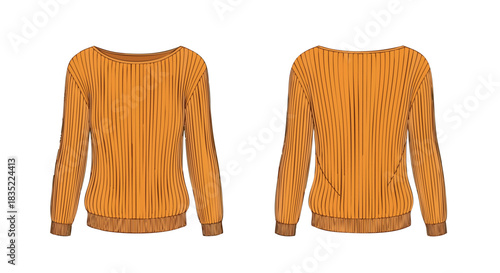 Digital illustration showcasing the front and back views of a knitted, long-sleeved sweater in a vibrant gold tone with intricate line details on a
