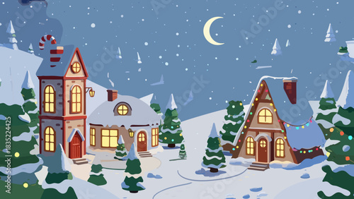 Cozy Winter Night Village Landscape Vector Illustration with Snow Covered Houses and Festive Christmas Trees under Moonlight