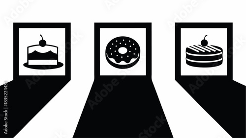 Three framed images of desserts cake and donut with long shadows in black and white illustration style | editable eps vectors silhouette