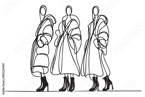 Abstract fashion models in long down jacket vector set drawn in line sketch style