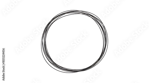 Handdrawn scribbled black circle with an imperfect, organic texture, isolated on white background