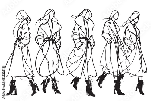 Abstract fashion models in long down jacket vector set drawn in line sketch style