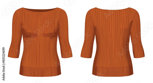 Elegant terracotta ribbed knit top with 3/4 sleeves showcased in front and back view for fashion design inspiration