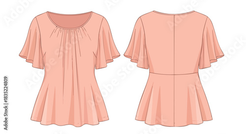 Technical fashion illustration displaying peach blouse design with flowing sleeves and pleated details enhancing the garment's style