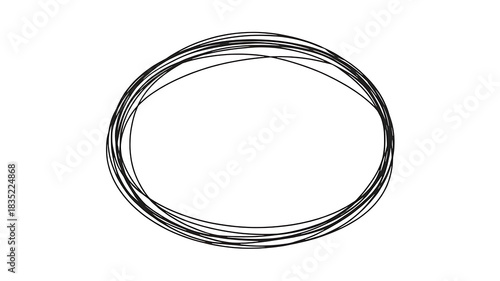 Handdrawn black scribble oval shape, a rough sketch or doodle element, isolated on white background