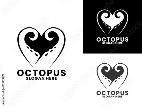 Octopus tentacles combination with love heart logo design vector template. Love octopus logo design
