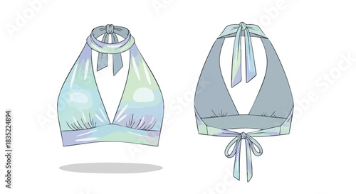 Watercolor bikini top design showcasing front and back view isolated on a white background with a soft pastel color palette, ideal for swimwear