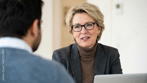 Smiling Mature Businesswoman in Glasses Engages in Professional Conversation with Male Colleague or Candidate in a Bright Office Setting