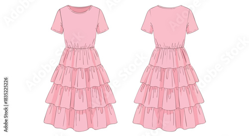 Technical fashion illustration showcasing a charming pink tiered dress with a round neckline and short sleeves