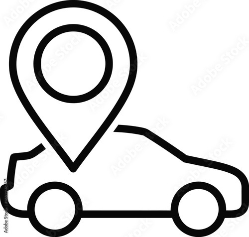 Outline icon of a car with a map location pin, symbolizing vehicle tracking, ride-sharing, travel destination, or delivery service