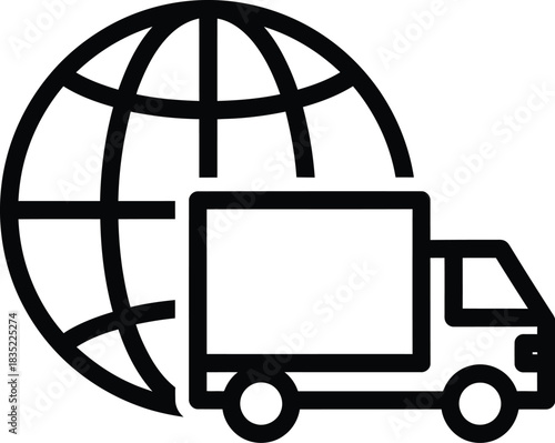Global delivery truck icon representing worldwide logistics, shipping services, international transportation, and freight distribution networks.