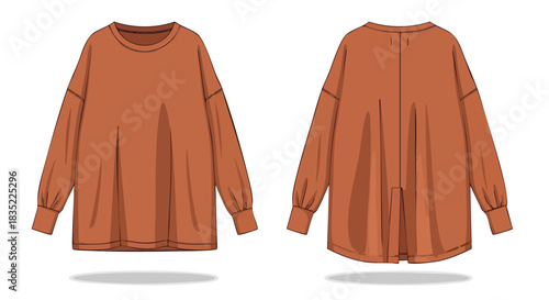 Visual depiction of a long-sleeve blouse illustration showcasing both the front and back design details for fashion reference