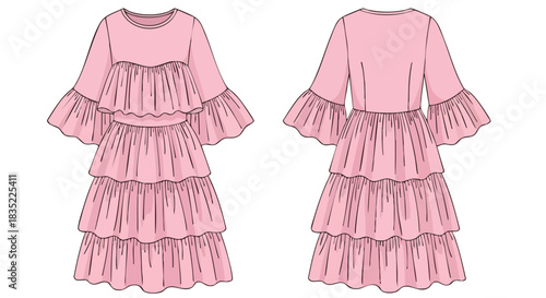 Fashion illustration showcasing a front and back view of a tiered pink dress with bell sleeves design sketch with elegant style featuring a flowy