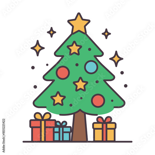 Hand-drawn Christmas tree illustration with bright ornaments and festive gifts, perfect for holiday cards, seasonal designs, winter-themed projects. Simple flat vector illustration on white background