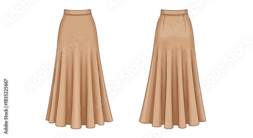 Elegant midi skirt design showcasing front and back views in a neutral hue for fashion illustration and design reference
