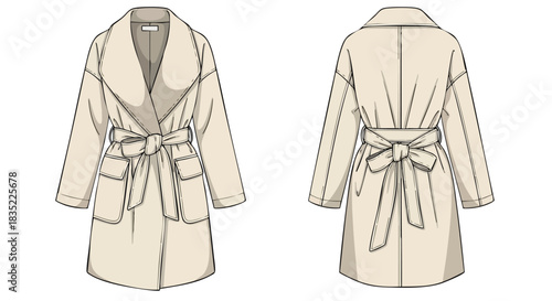 Fashionable beige trench coat illustration showcasing front and back views with a tied waist design demonstrating clothing design elements