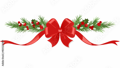 Festive christmas garland with red bow and holly berries