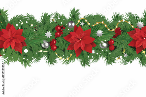 Seamless christmas garland with poinsettias ornaments and fairy lights