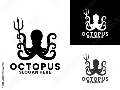 Octopus with trident logo design vector template. Creative octopus logo icon