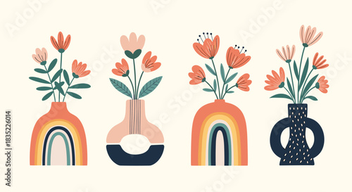 Collection of four modern bohemian-style vases with abstract shapes and rainbows, each holding a beautiful bouquet of flowers.