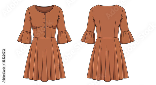 Elegant brown dress mockup showcasing front button detail and flared sleeves design illustration
