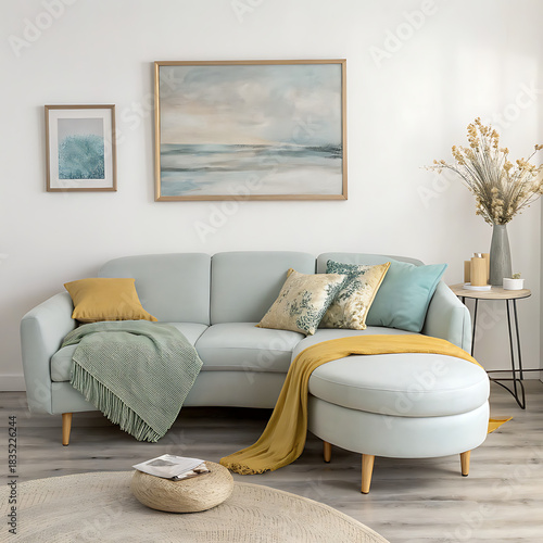 Modern living room interior with comfortable pastel blue sofa.