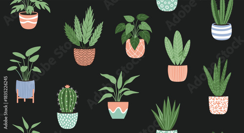 Seamless pattern of various stylish houseplants in colorful and decorative pots on a solid dark background for a modern look.
