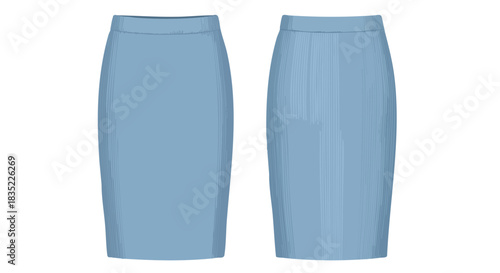 Two light blue pencil skirts presented in front and side views against a plain white backdrop, showcasing elegant attire 94 characters