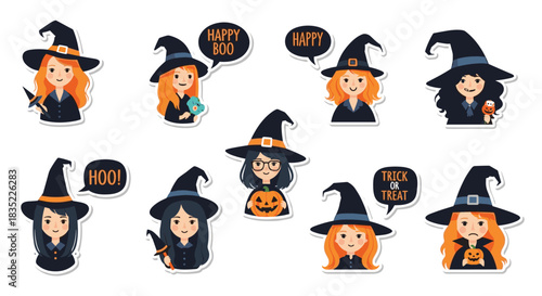 Cute collection of Halloween stickers featuring adorable cartoon witches with different hairstyles, expressions, and spooky greetings.