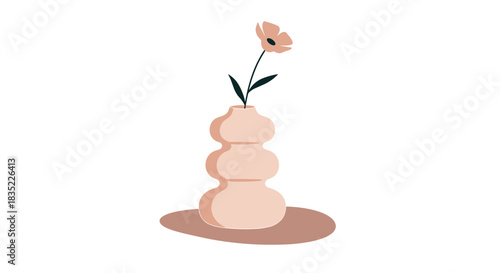 Modern minimalist still life illustration of a single delicate pink flower in a stylish, curvy ceramic vase on a white background.