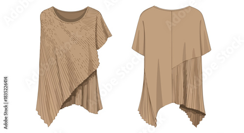 Conceptual illustration of a taupe asymmetric top with pleated cascade feature shown front and back for apparel design visualization