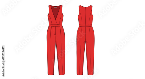 Vibrant vermilion jumpsuit fashion illustration, showing the front and back design of a stylish sleeveless garment for summer or spring seasons
