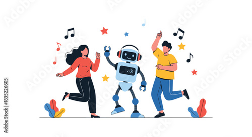 Happy people and a friendly robot dancing together to music in a fun and futuristic illustration of human-robot interaction.