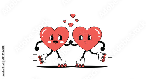 Cute retro cartoon of two happy heart characters with faces and limbs, holding hands and roller skating together in love.
