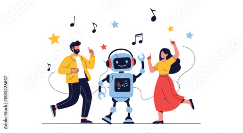 Modern flat illustration of a man, a woman, and a cute robot with headphones all dancing and enjoying music together.