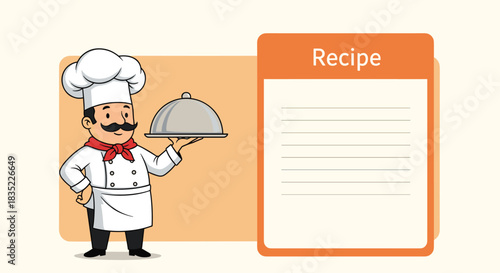 Cartoon chef character in uniform holding a serving platter next to a large blank recipe card template for writing notes.