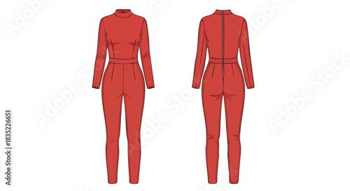 Modern fitted red jumpsuit technical fashion sketch displaying design details and structural composition for fashion design and product catalog