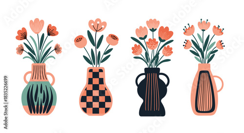 Set of four contemporary illustrations of beautiful flowers in uniquely patterned and textured ceramic vases against a white background.