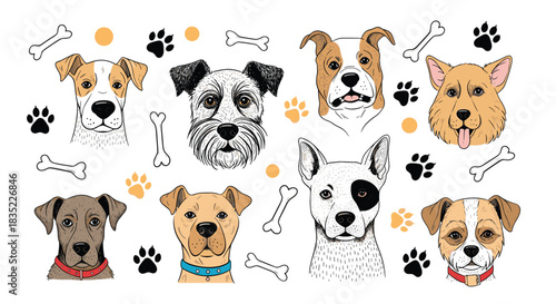 Collection of eight different hand-drawn dog breed portraits with cute faces, surrounded by paw prints and bone illustrations.