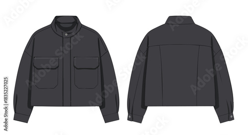 Technical flat sketch showcasing a versatile dark gray, cropped shirt jacket design for apparel creation and product visualization